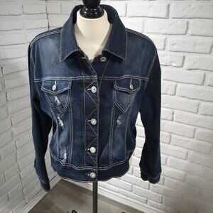 Amethyst Ladies Size 1X Distressed Dark Wash Jean Jacket